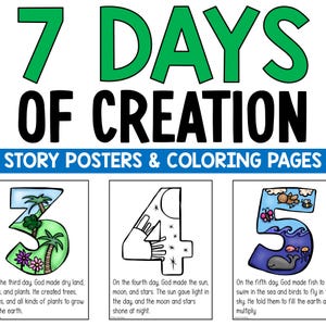 May include: A set of 3 colorful printable posters for kids featuring the story of creation. Each poster has a large number, a colorful illustration, and a short description of the day's events. The posters are perfect for teaching children about the Bible story of creation.