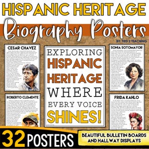 May include: A set of 32 colorful posters featuring biographies of Hispanic heritage figures, including Cesar Chavez, Roberto Clemente, Sonia Sotomayor, and Frida Kahlo. The posters are designed for classroom bulletin boards and hallway displays. The title of the set is "Exploring Hispanic Heritage Where Every Voice Shines!"