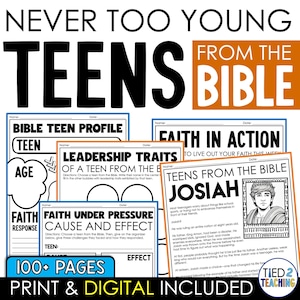 Peut inclure: Feuilles de travail imprimables en noir et blanc pour enseigner aux adolescents la foi et le leadership. Les feuilles de travail portent des titres tels que "Profil d'adolescent biblique", "Traits de leadership d'un adolescent de la Bible", "La foi sous pression : cause et effet", "La foi en action" et "Les adolescents de la Bible : Josias".