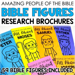 May include: A set of colorful printable brochures for a Bible study. The brochures feature illustrations of Bible figures, including Moses, Samuel, Esther, and Peter. The text on the brochures reads "All About Moses", "All About Samuel", "All About Esther", and "All About Peter". The text "59 Bible Figures Included" is also visible.