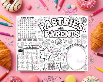 Página para colorear de pasteles con los padres, mantel individual, hoja de actividades, DESCARGA DIGITAL