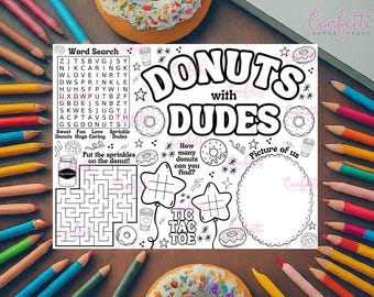 Donuts with Dudes Coloring Page Placemat, Activity Sheet, Parent's Day Activity, Kid's Activity, DIGITAL DOWNLOAD