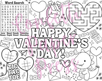 Placemat de página para colorear del Día de San Valentín, Hoja de actividades, DESCARGA DIGITAL
