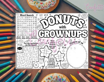 Página para colorear de donas con adultos, mantel individual, hoja de actividades, actividad para el día de los padres, actividad para niños, DESCARGA DIGITAL