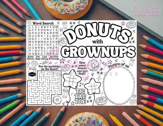 Donuts with Grownups Coloring Page Placemat, Activity Sheet, Parent's Day Activity, Kid's Activity, DIGITAL DOWNLOAD