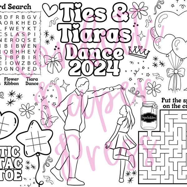 Ties and Tiaras, Daddy Daughter Dance Coloring Page Placemat, Activity Sheet, DIGITAL DOWNLOAD