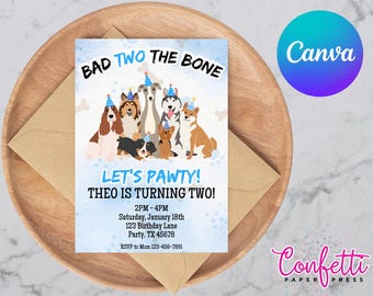 Uitnodiging voor een Bad Two the Bone-verjaardagsfeestje, puppyfeestje (digitale download)