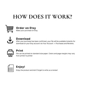 May include: How to download and print a digital file purchased on Etsy. The steps are: Order on Etsy, Download, Print, and Enjoy!