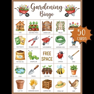 Peut inclure: Une carte de jeu de Bingo sur le thème du jardinage, avec une bordure marron. La carte présente des illustrations d'outils et d'éléments de jardinage, dont une brouette, un arrosoir et un gnome de jardin. Le texte "Gardening Bingo" est en haut.