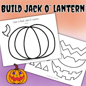 May include: Black and white printable template for creating a Jack-O'-Lantern. The template includes a pumpkin outline, a mouth, eyes, and a nose.