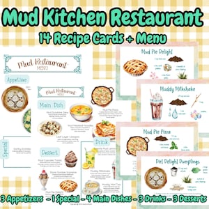 14 Schlammküche Rezeptkarten mit Restaurant-Speisekarte zum Rollenspiel; Spielen im Freien; Naturspiel; Druckbare Schlamm-Küche ; Kreatives Spiel zum Ausdrucken
