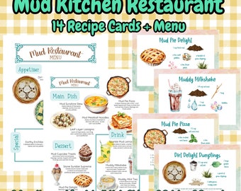 14 Cartões de Receitas de Cozinha de Lama com Menu de Restaurante para Brincadeira de Faz de Conta; Brincadeira ao Ar Livre; Brincadeira na Natureza; Cozinha de Lama para Imprimir; Brincadeira Criativa para Imprimir