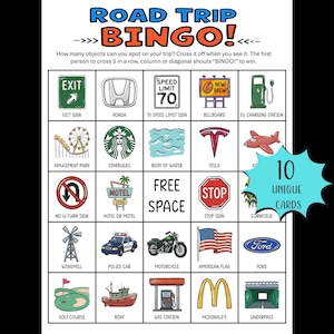 May include: Road trip bingo game card with various road trip-related images, including a stop sign, a windmill, and a McDonald's logo. The card also features the text "Road Trip Bingo!" and "10 Unique Cards."