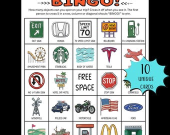Gra w bingo na wycieczkę samochodową do druku; 10 wyjątkowych kart; Aktywność dla dzieci w podróży; Gry samochodowe na rodzinne wakacje; Aktywności na wycieczkę samochodową; Gra na wycieczkę samochodową