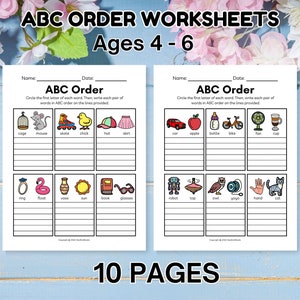 ABC-bestelwerkbladen van 10 pagina's voor kinderen van 4-6 jaar; Afdrukbare werkbladen; Alfabetherkenning; Voorschoolse afdrukbaar, werkblad ABC-bestelling