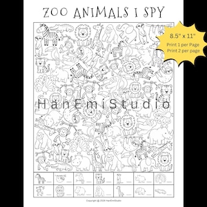 May include: Black and white printable "Zoo Animals I Spy" game. The page features numerous zoo animal illustrations, including lions, zebras, and monkeys. The text "Zoo Animals I Spy" is at the top. The page measures 8.5" x 11".