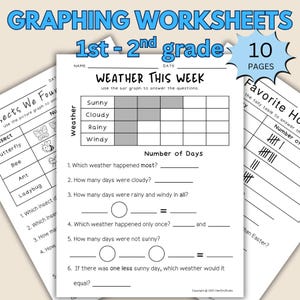May include: A set of graphing worksheets for 1st-2nd grade students. The worksheets include a weather graph with questions, a tally chart, and an insect picture graph. The pages are white with black text and blue accents.