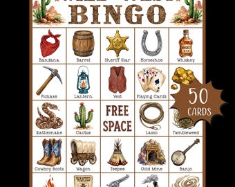 Gra w bingo Dzikiego Zachodu do druku; Gra urodzinowa dla dzieci w stylu kowbojskim; Karty bingo w stylu westernu; Aktywność w edukacji domowej; Gra na imprezę w stylu kowbojskim