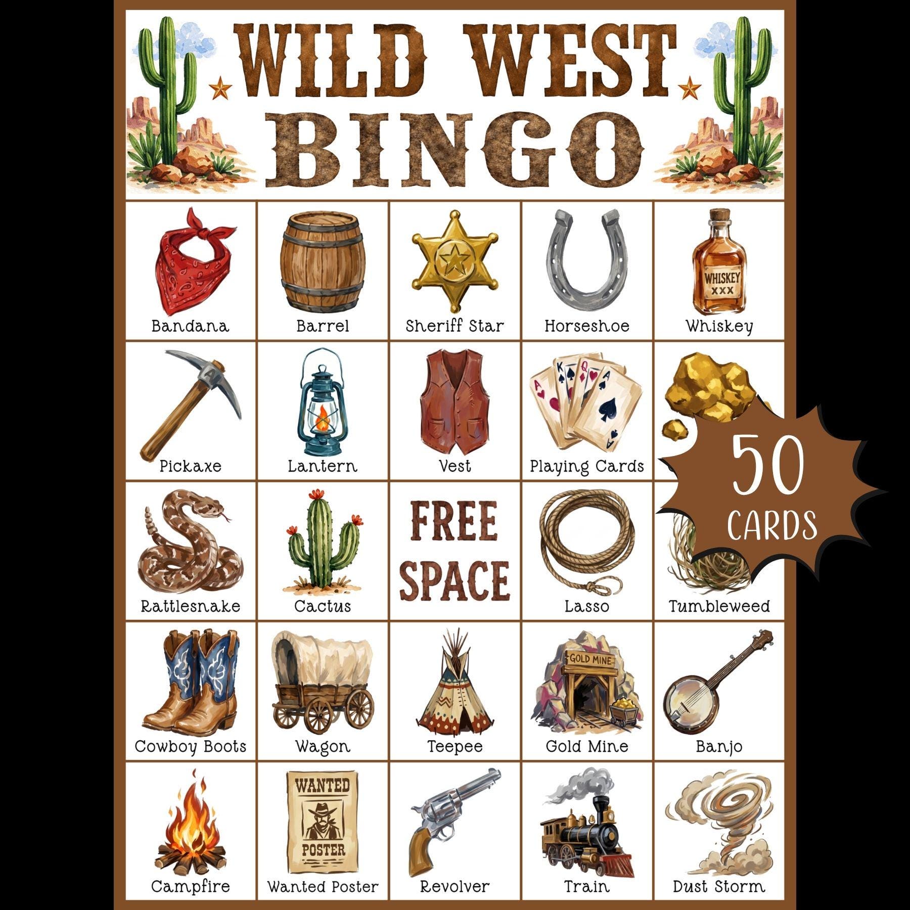 Wild West Bingo Game Printable; Cowboy Birthday Party Game for Kids ...