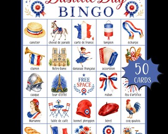 Bingo na Dzień Bastylii do druku; Bingo 14 lipca; Francuskie gry świąteczne; Bingo we Francji; Aktywność z okazji 14 lipca; Bingo po francusku
