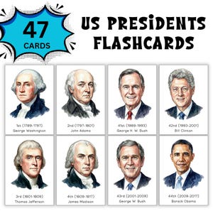 May include: Flashcards featuring portraits of U.S. Presidents. The cards display the names, terms, and numbers of 47 presidents. The cards have a white background with portraits of George Washington, John Adams, and others.