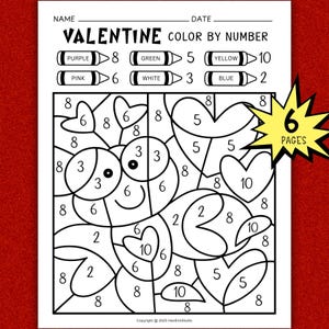 Op de afbeelding: Zwart-wit Valentijnsdag kleur-op-nummer activiteitenvellen. Het vel heeft een hartvormig ontwerp met nummers en kleursleutels voor paars, roze, groen, wit, geel en blauw. Bevat de tekst "6 PAGES".