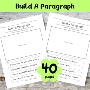 May include: A printable worksheet for kids to practice building a paragraph. The worksheet has two sections, each with a set of sentences to cut out and glue in the correct order to form a paragraph. The first paragraph is about a girl named Mia who plants a seed and watches it grow. The second paragraph is about a child who points out something to their sister and makes a wish.