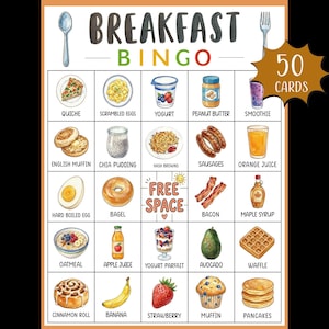 May include: A Breakfast Bingo game card featuring illustrations of various breakfast items, including a muffin, bacon, and a banana. The card has the text "Breakfast Bingo" and "50 Cards". A spoon and fork are at the top.