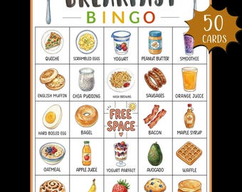 Breakfast Bingo Game; Food Bingo Game; Healthy Food Bingo Game; Family Game Night; Breakfast Vocabulary; Printable Games; Pajama Party Game