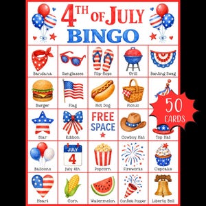 7月4日のビンゴゲーム（印刷可能）; 愛国的なビンゴカード; アメリカの祝日パーティーゲーム; 独立記念日の子供向けアクティビティ; 夏の教室ビンゴ