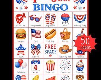 Bingogame 4 juli afdrukbaar; Patriottische bingokaarten; Feestspel VS; Onafhankelijkheidsdag kinderactiviteit; Zomerklasbingo
