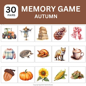 May include: A memory game with 30 pairs of autumn-themed images. The images include a scarecrow, a haystack, a pine cone, a scarf, a jumper, a hedgehog, a roast turkey, a fox, a cup of hot chocolate, an acorn, a pumpkin, a sunflower, an ear of corn, and a pile of leaves.