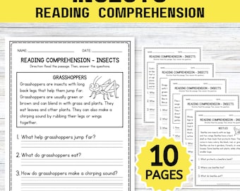 10 Insects Reading Comprehension Worksheets; 1st Grade Reading Comprehension; 2nd Grade Reading Comprehension; Kindergarten Reading