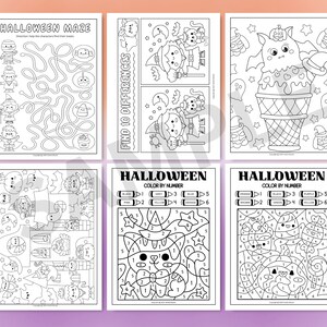 May include: A set of six printable Halloween-themed activity sheets for kids. The sheets include a maze, a spot the difference game, and four colour by number activities featuring cute Halloween characters.