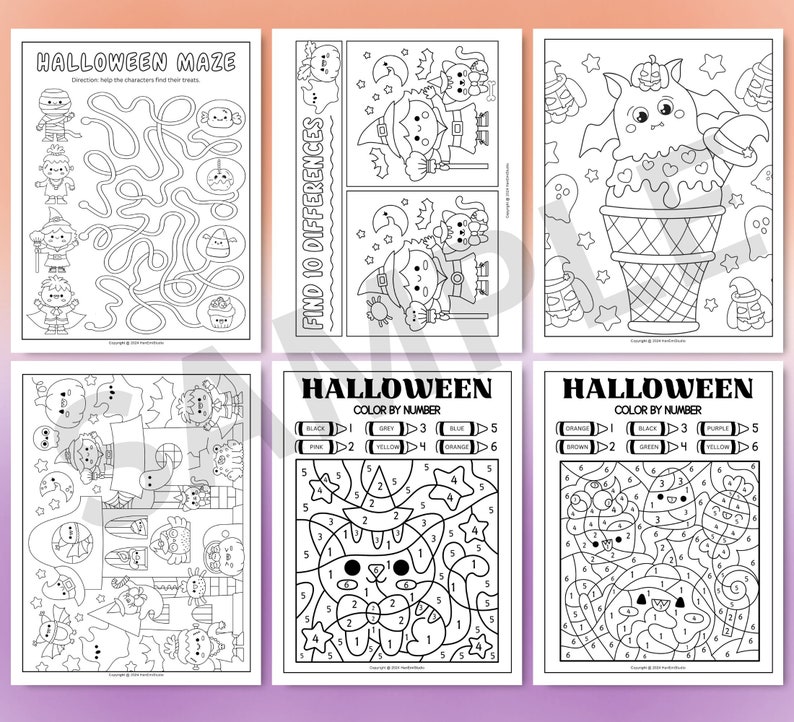 May include: A set of six printable Halloween-themed activity sheets for kids. The sheets include a maze, a spot the difference game, and four colour by number activities featuring cute Halloween characters.