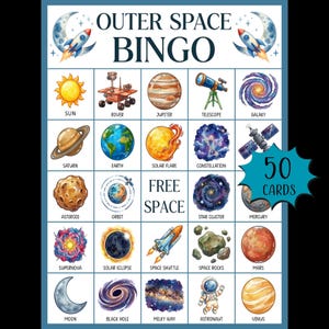 Outer Space Bingo Game Printable; Astronaut Birthday Party Activity; Solar System Bingo for Kids; Planets and Solar System Bingo