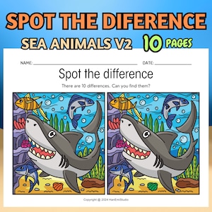 10 Sea Animal Spot the Difference Worksheets Difficult Version for Kids; Spot the Differences Activity; Find the Difference Worksheets