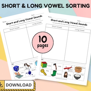 Hojas de trabajo de 10 páginas para clasificar vocales cortas y largas; Hoja de trabajo de clasificación de vocales; Clasificación CVC; Hojas de trabajo CVC; Hojas de trabajo de sonido de letras; cortar y pegar