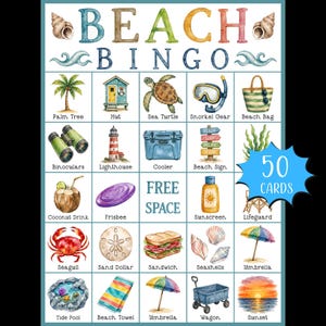 May include: A colorful "Beach Bingo" game card with illustrations of beach-themed items like a palm tree, hut, sea turtle, and more. The words "Beach Bingo" are at the top, and the card includes 50 cards.