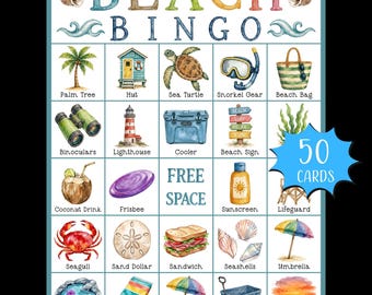 Pode incluir: Um cartão de jogo "Beach Bingo" colorido com ilustrações de itens com tema de praia, como uma palmeira, uma cabana, uma tartaruga marinha e muito mais. As palavras "Beach Bingo" estão no topo, e o cartão inclui 50 cartas.