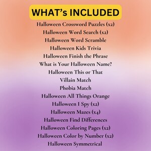 May include: A list of Halloween-themed printable activities, including crossword puzzles, word searches, word scrambles, trivia, and more. The list is written in white text on a pink and purple gradient background.
