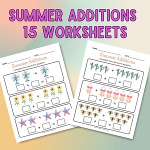 15-Simple Summer Addition Worksheets for Preschoolers and Kindergarteners; Picture Math; Addition Worksheet; Homeschool Printable; Easy Math