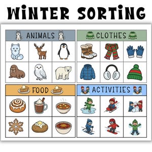 May include: A colorful educational chart titled "WINTER SORTING" with illustrations of winter-themed animals, clothes, food, and activities. The chart includes a variety of images, such as a penguin, a scarf, a bowl of soup, and children playing in the snow.