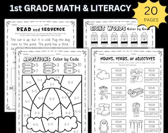 First Grade Winter Review Packet; First Grade Math Worksheets; ELA; Literacy; First Grade Reading and Writing; Winter Break Worksheets