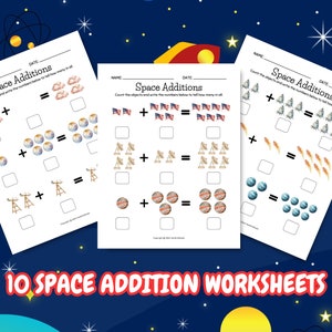 May include: Ten printable space-themed addition worksheets for kids. Each worksheet features a different space object, such as planets, stars, and rockets, and asks children to count the objects and write the numbers below to tell how many in all.