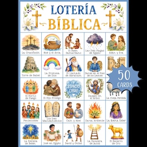 May include: A Lotería Bíblica game board featuring the title in blue and gold text, flanked by floral illustrations and crosses. The grid contains twenty-five watercolor-style illustrations of biblical scenes with Spanish labels and a 50 cards badge.