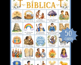 Lotería Bíblica Afdrukbaar spel; Spaanse christelijke bijbelbingo; Spaanse Bijbelverhalen Bingo; Zondagsschoolactiviteiten; Spaanse bingo