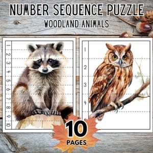 10-Page Woodland Animal Number Sequence Puzzle; Cut and Paste Puzzles; Fall Sequence Puzzle; Autumn Number Sequence Puzzle;