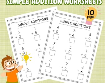 10 hojas de trabajo de sumas simples para niños en edad preescolar; hojas de trabajo de sumas; ejercicios de matemáticas; sumas del 1 al 10; prueba de matemáticas; hoja de trabajo de datos matemáticos
