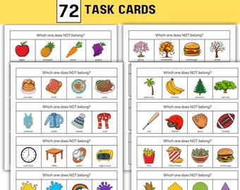 72 What Doesn’t Belong Task Cards; Which Does Not Belong; Speech Therapy Task Cards; Category Task Cards; Category Sorting Activity